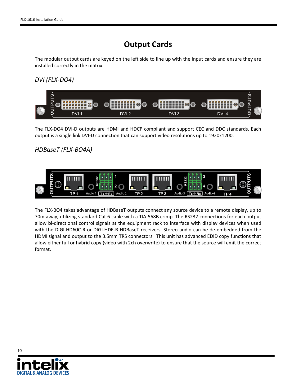 Output cards, Dvi (flx-do4), Hdbaset (flx-bo4a) | Intelix FLX-1616 v1.6.4 User Manual | Page 10 / 36