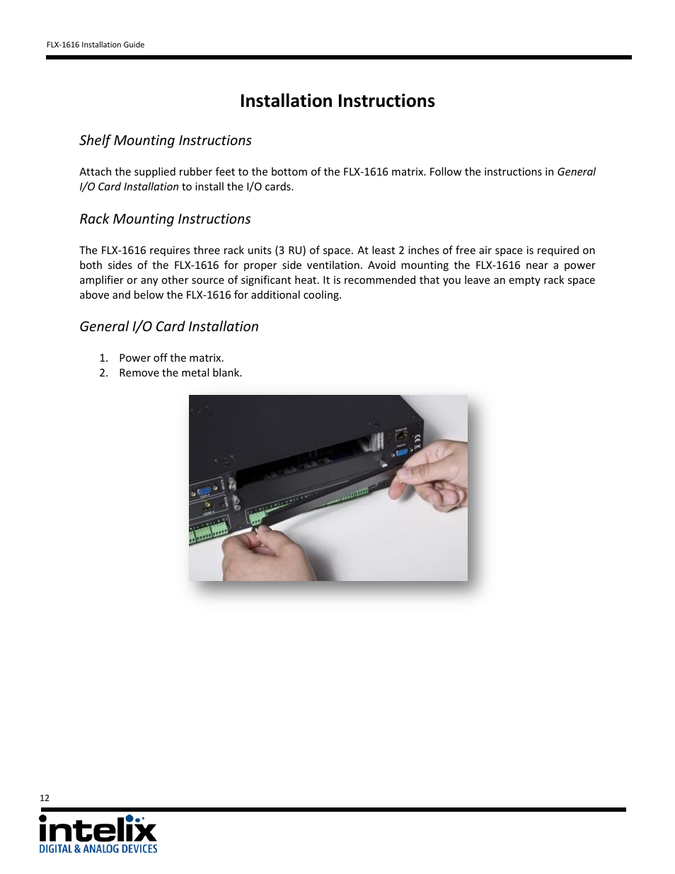 Installation instructions, Shelf mounting instructions, Rack mounting instructions | General i/o card installation | Intelix FLX-1616 v1.6.4 User Manual | Page 12 / 36