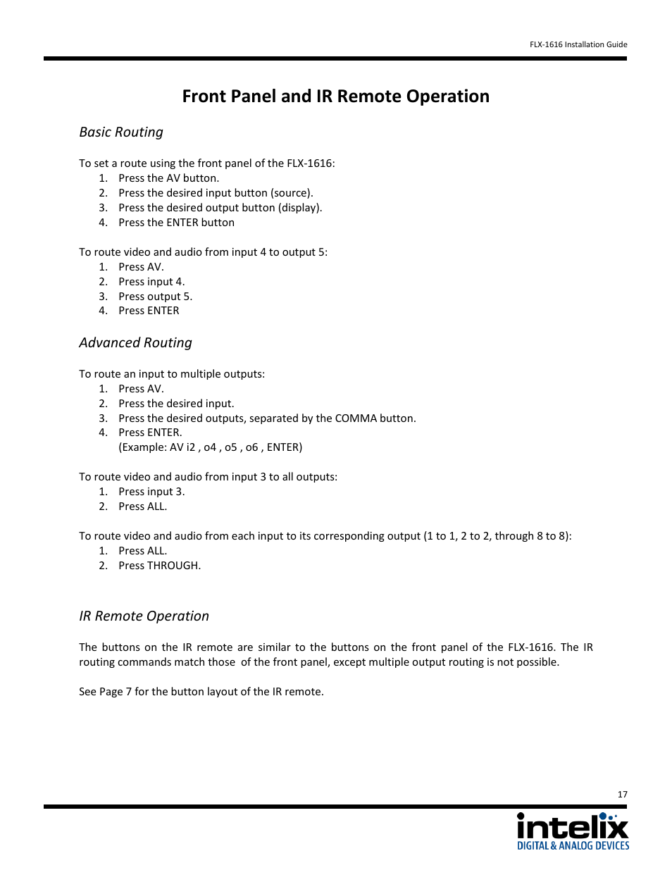 Front panel and ir remote operation, Basic routing, Advanced routing | Ir remote operation | Intelix FLX-1616 v1.6.4 User Manual | Page 17 / 36