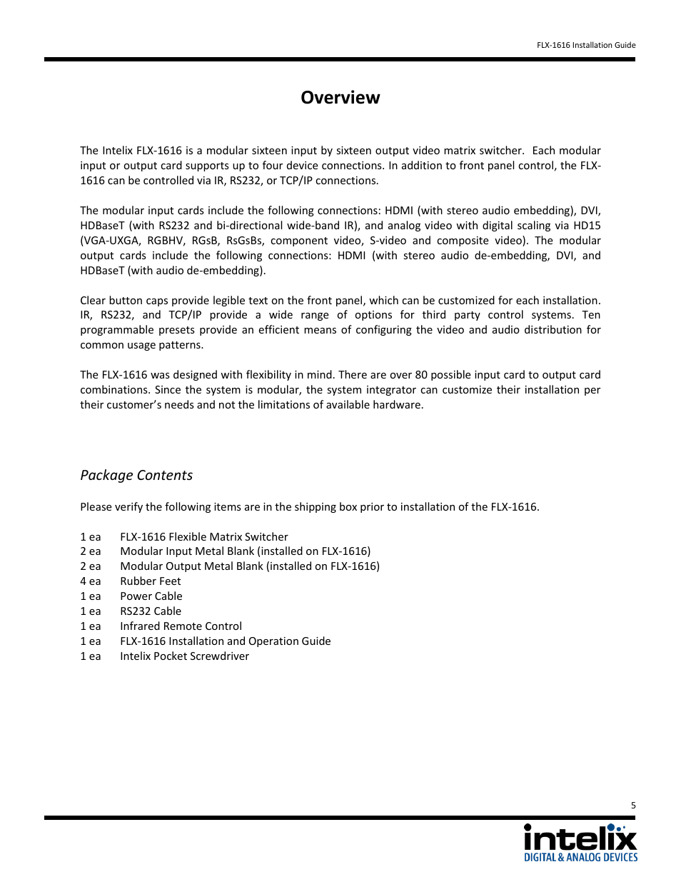Overview, Package contents | Intelix FLX-1616 v1.6.4 User Manual | Page 5 / 36