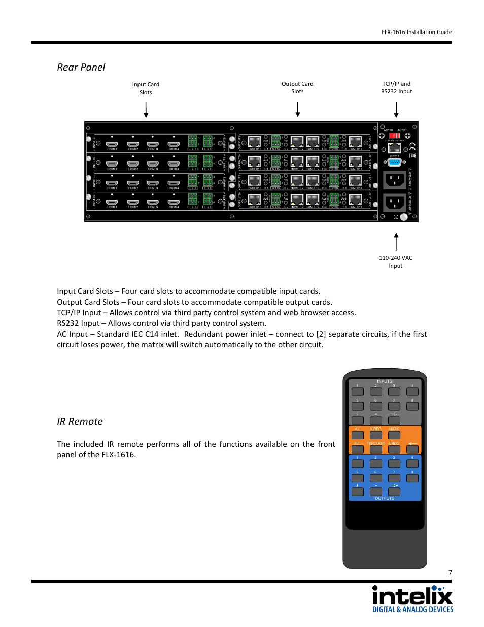 Ir remote, Rear panel | Intelix FLX-1616 v1.6.4 User Manual | Page 7 / 36