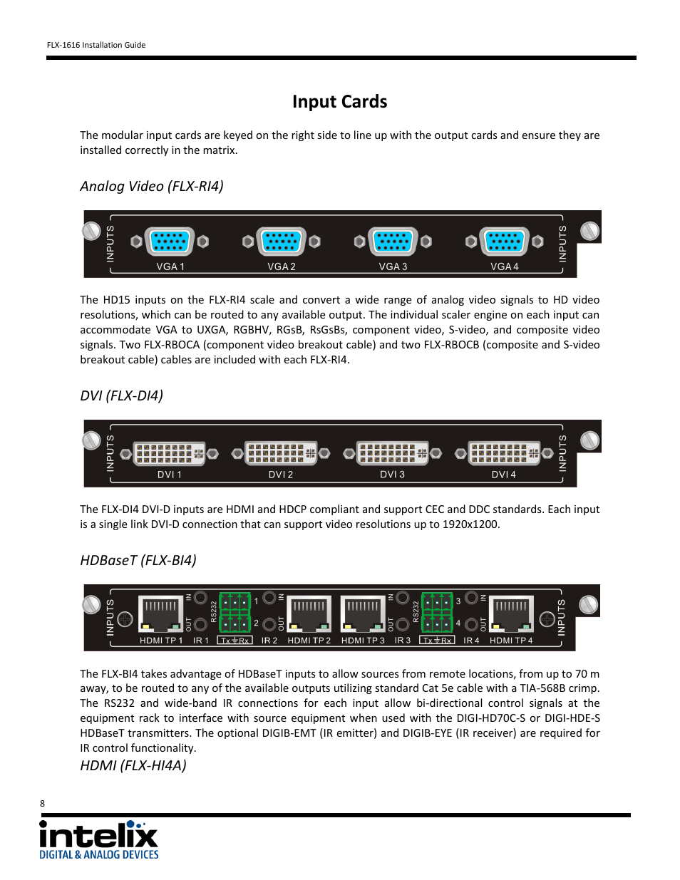 Input cards, Analog video (flx-ri4), Dvi (flx-di4) | Hdbaset (flx-bi4), Hdmi (flx-hi4a) | Intelix FLX-1616 v1.6.4 User Manual | Page 8 / 36