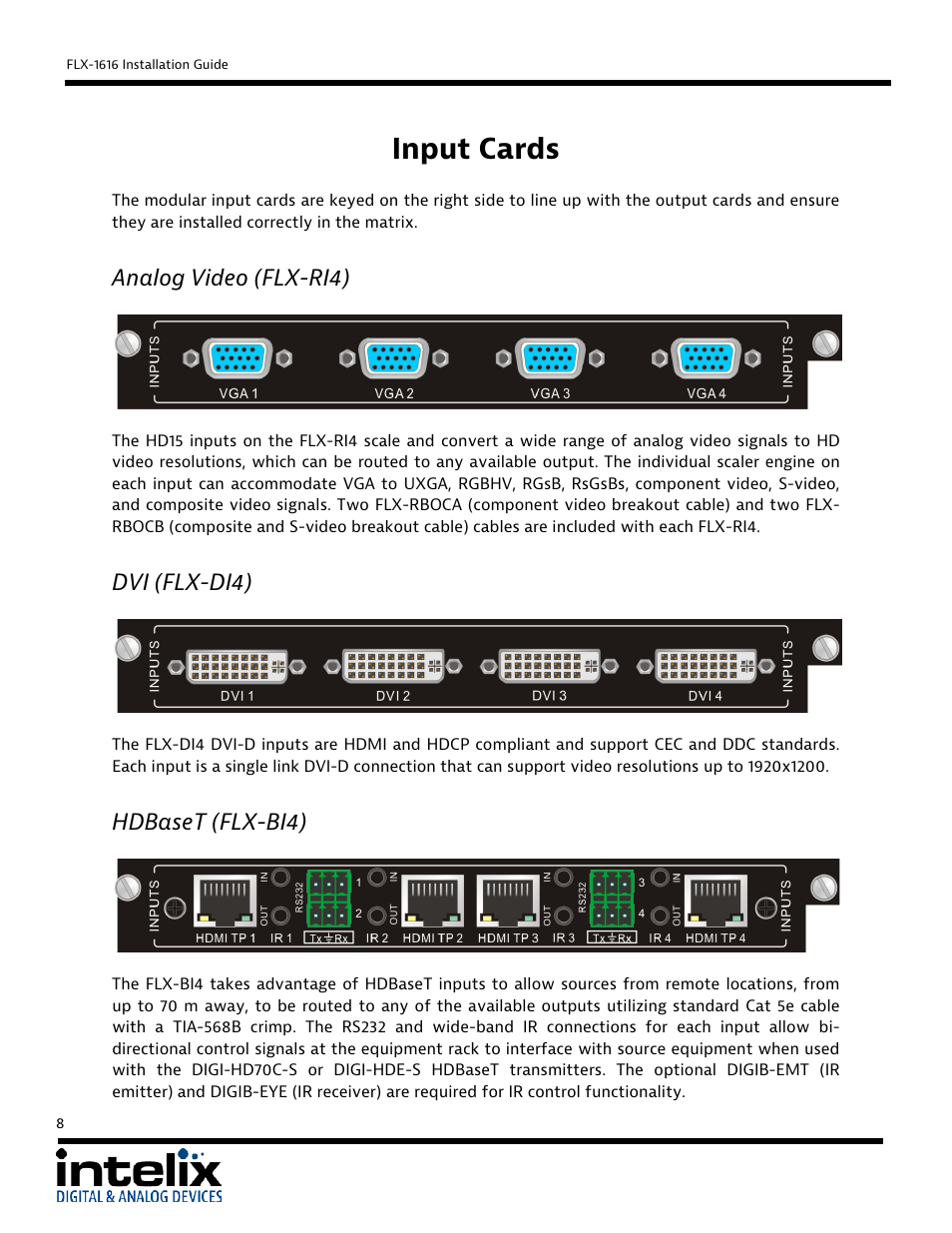 Input cards, Analog video (flx-ri4), Dvi (flx-di4) | Hdbaset (flx-bi4) | Intelix FLX-1616 User Manual | Page 8 / 36