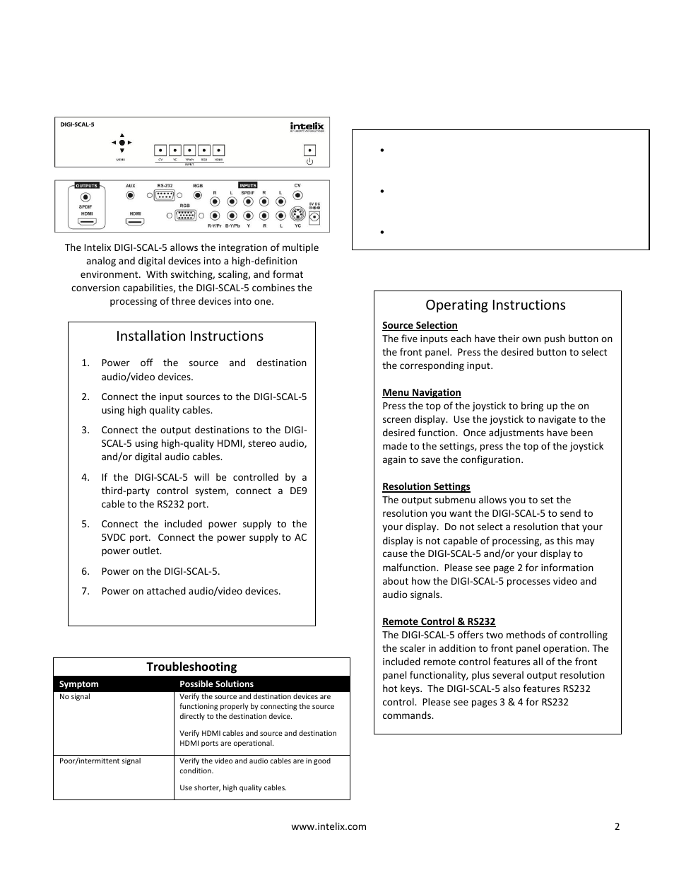 Installation instructions, Operating instructions | Intelix DIGI-SCAL-5 User Manual | Page 2 / 8