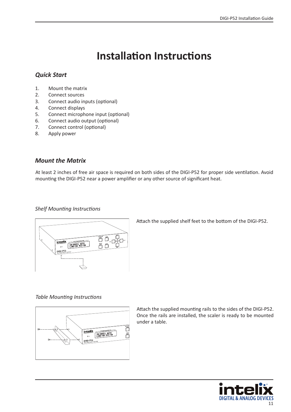 Installation instructions, Quick start mount the matrix | Intelix DIGI-P52 User Manual | Page 11 / 36