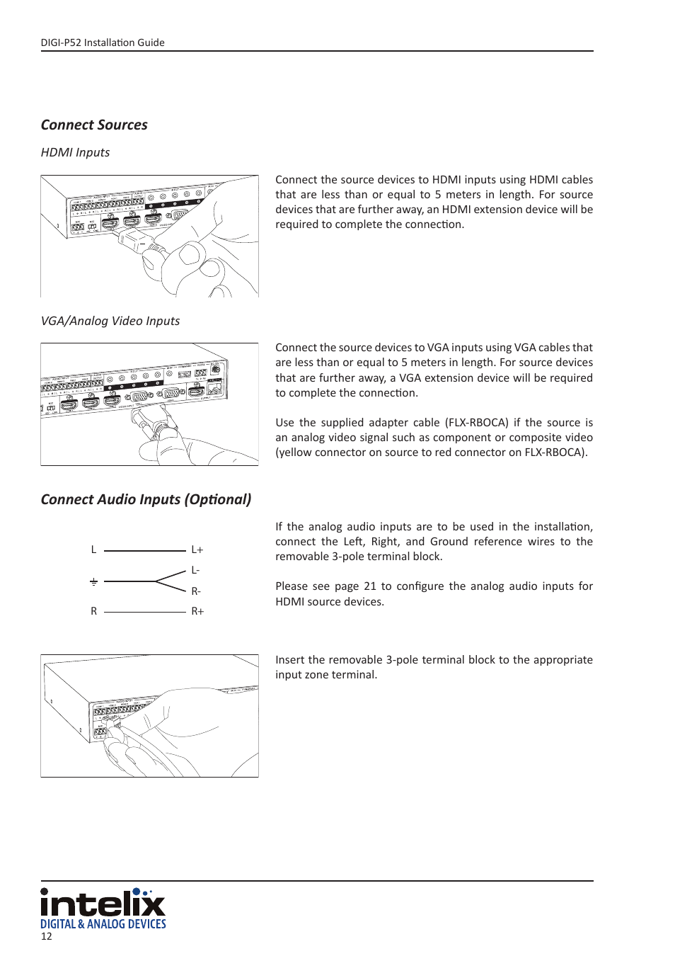 Connect sources, Connect audio inputs (optional) | Intelix DIGI-P52 User Manual | Page 12 / 36