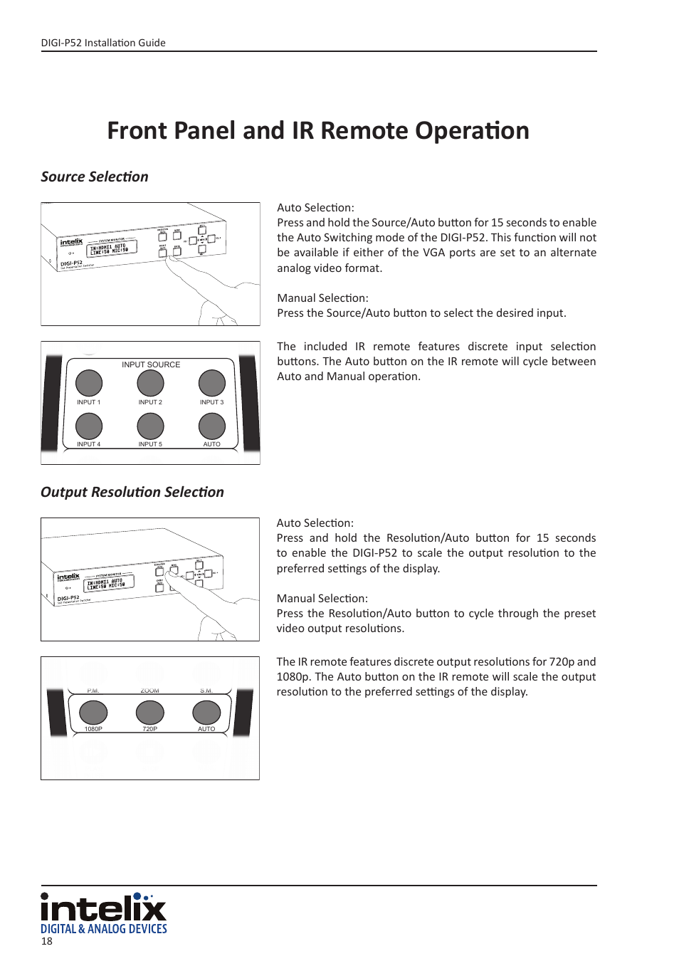 Front panel and ir remote operation, Source selection output resolution selection, Digi-p52 installation guide 18 | Intelix DIGI-P52 User Manual | Page 18 / 36