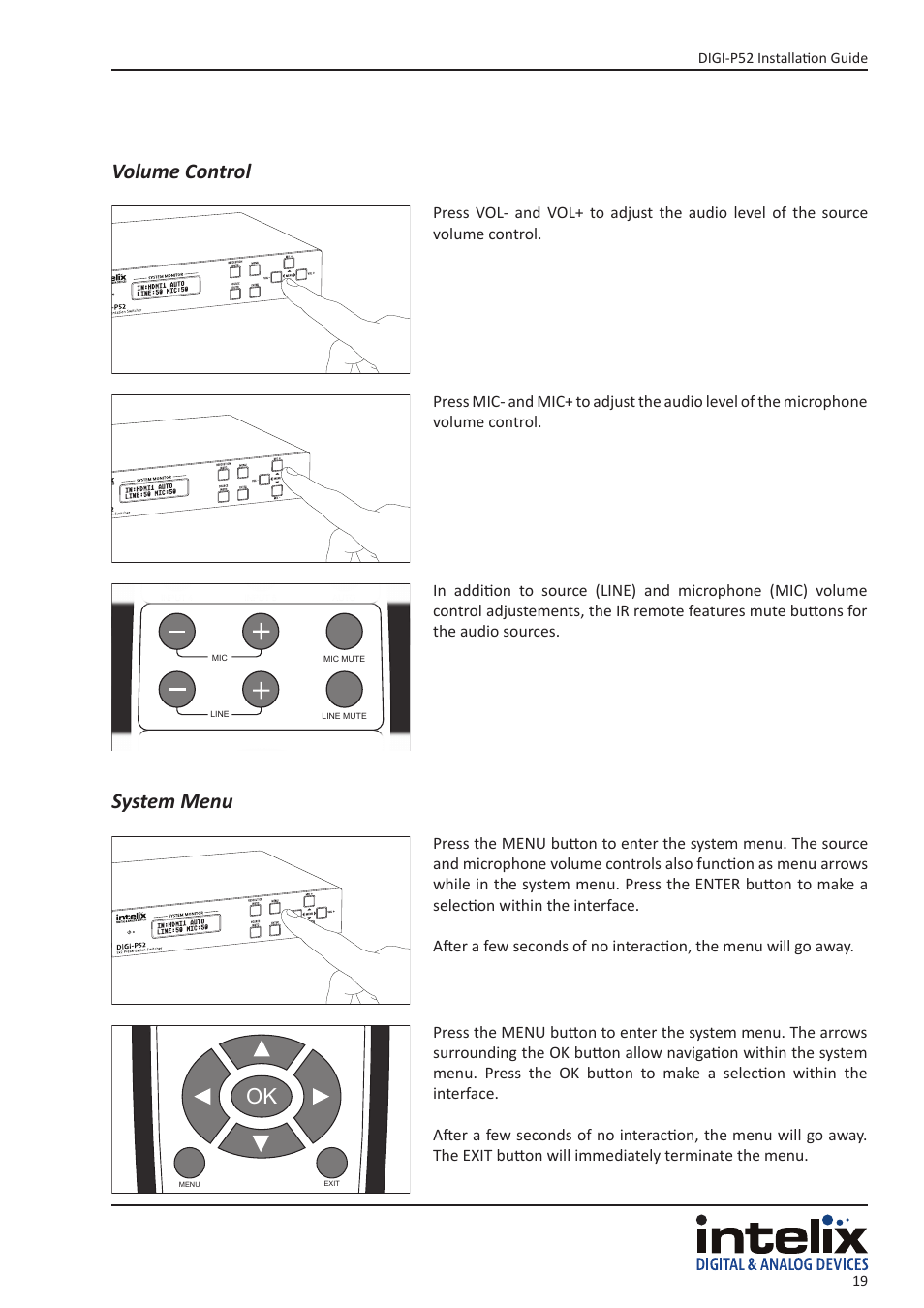 Volume control system menu, Digi-p52 installation guide 19, Scaler switcher | Intelix DIGI-P52 User Manual | Page 19 / 36