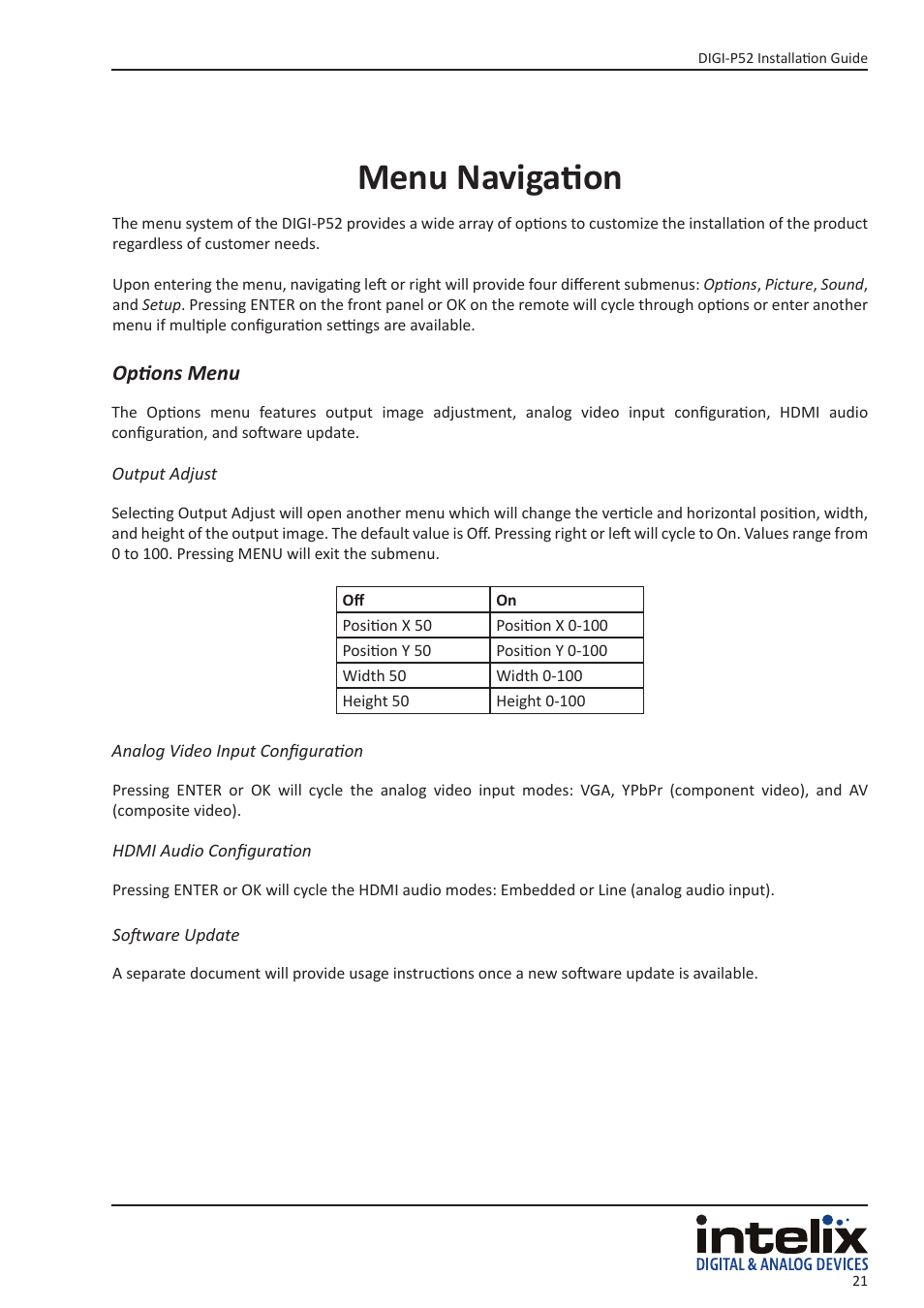 Menu navigation, Options menu | Intelix DIGI-P52 User Manual | Page 21 / 36