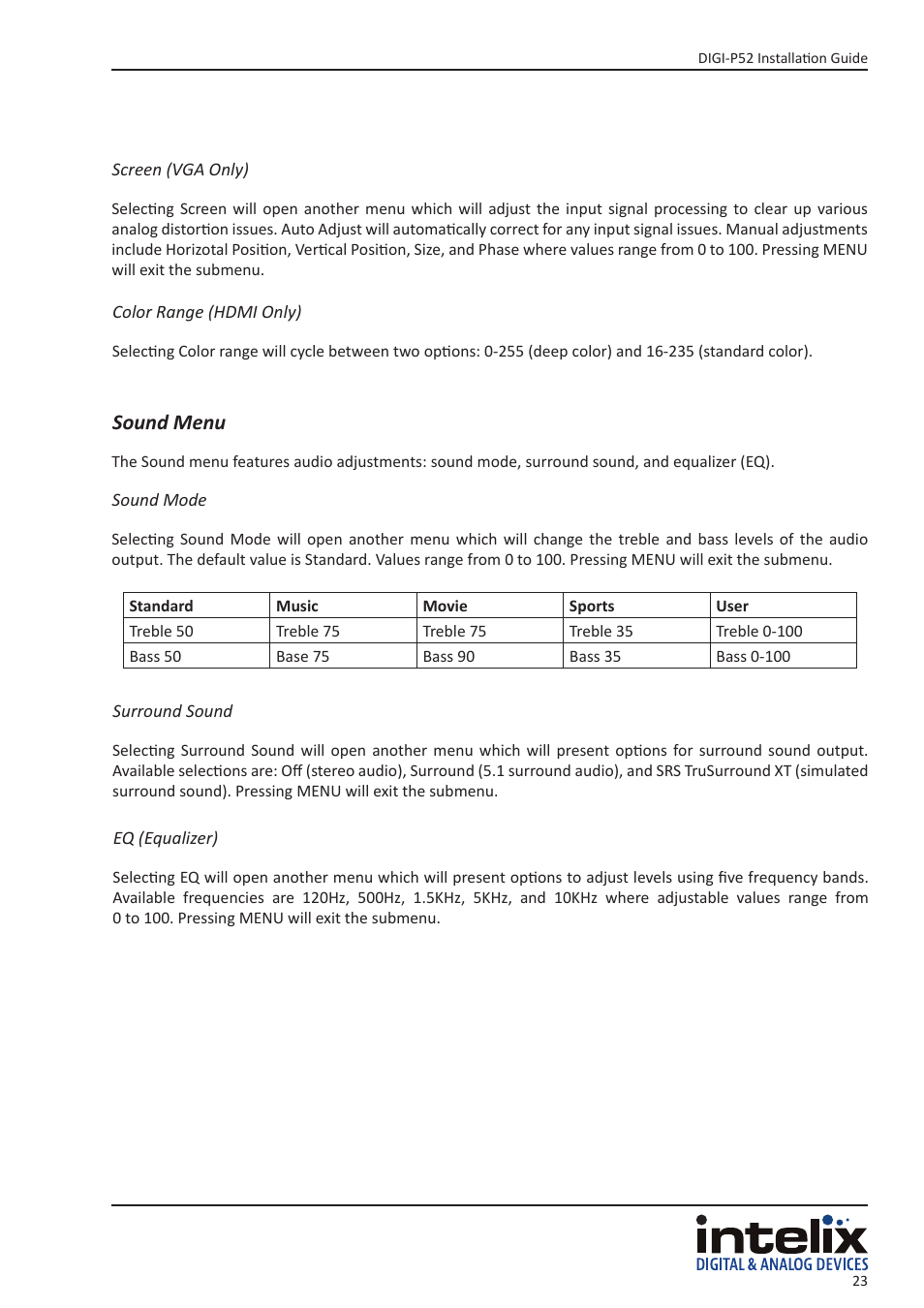 Sound menu | Intelix DIGI-P52 User Manual | Page 23 / 36