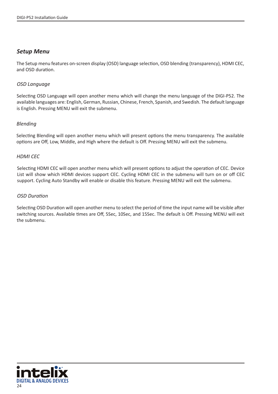 Setup menu | Intelix DIGI-P52 User Manual | Page 24 / 36