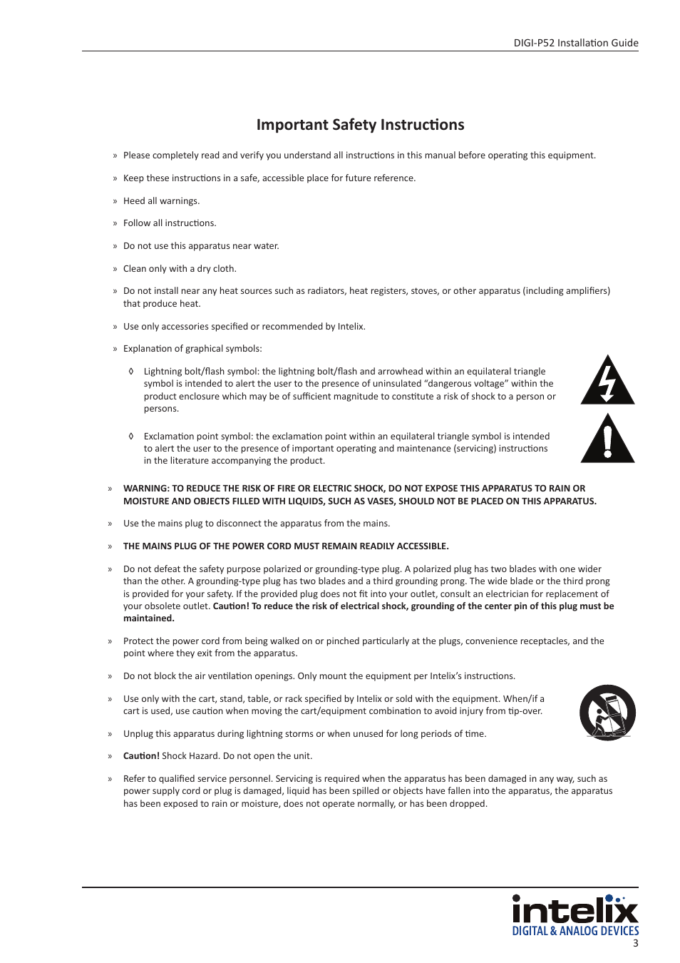 Important safety instructions | Intelix DIGI-P52 User Manual | Page 3 / 36