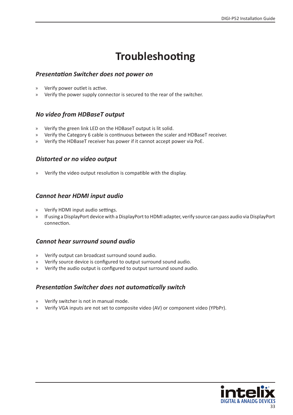 Troubleshooting | Intelix DIGI-P52 User Manual | Page 33 / 36