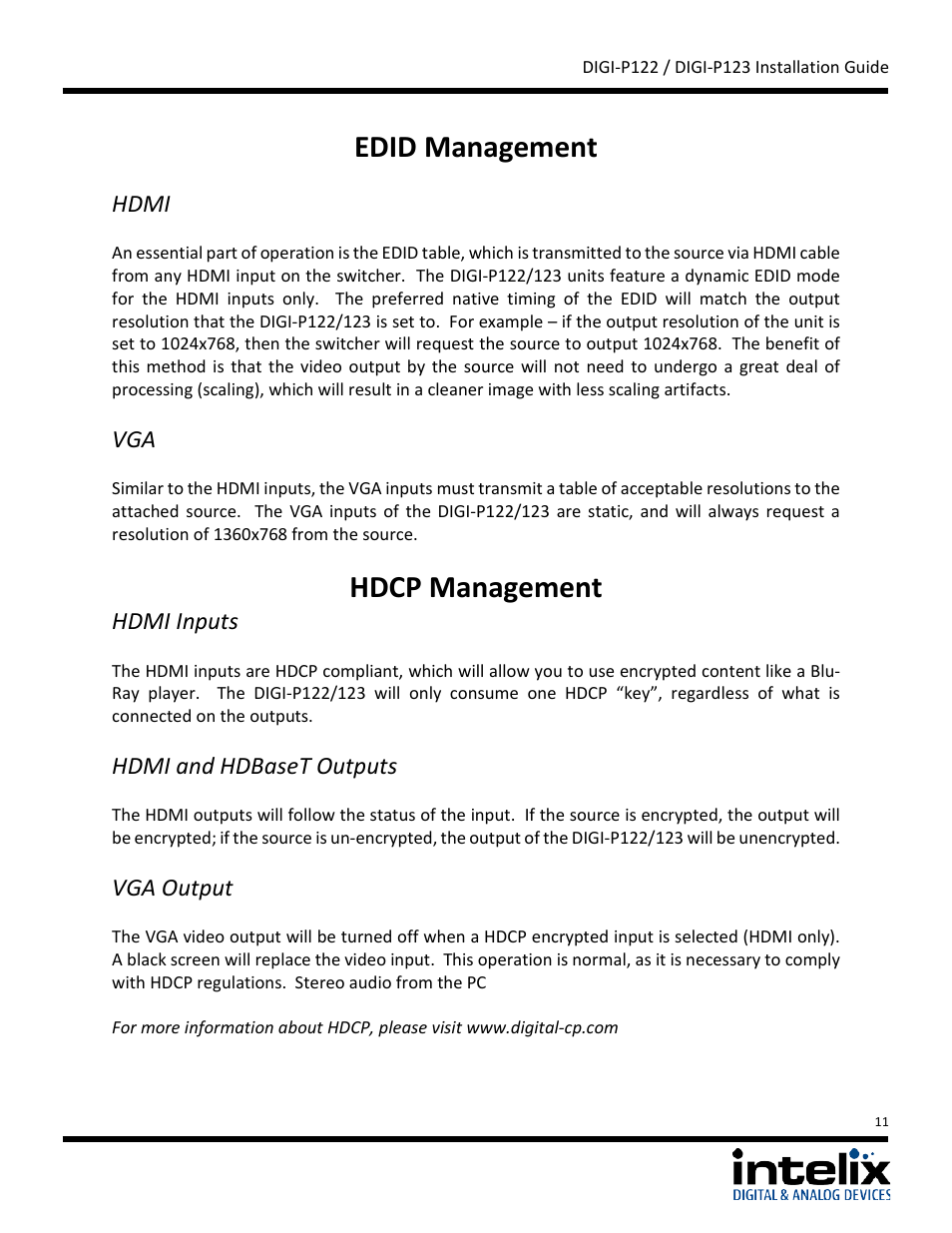 Edid management, Hdmi, Hdcp management | Hdmi inputs, Hdmi and hdbaset outputs, Vga output | Intelix DIGI-P122 User Manual | Page 11 / 28