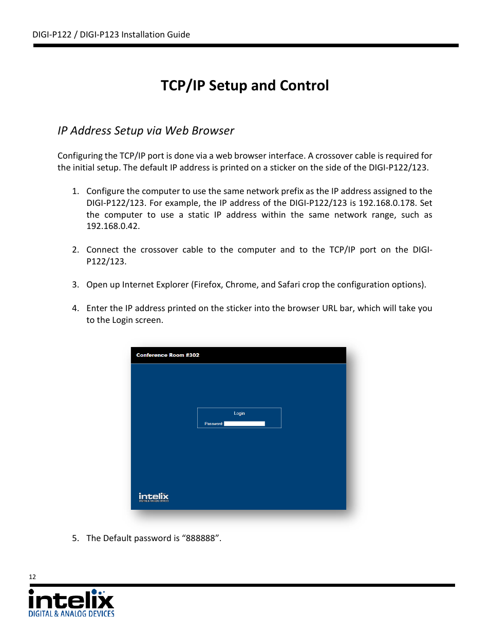 Tcp/ip setup and control, Ip address setup via web browser | Intelix DIGI-P122 User Manual | Page 12 / 28