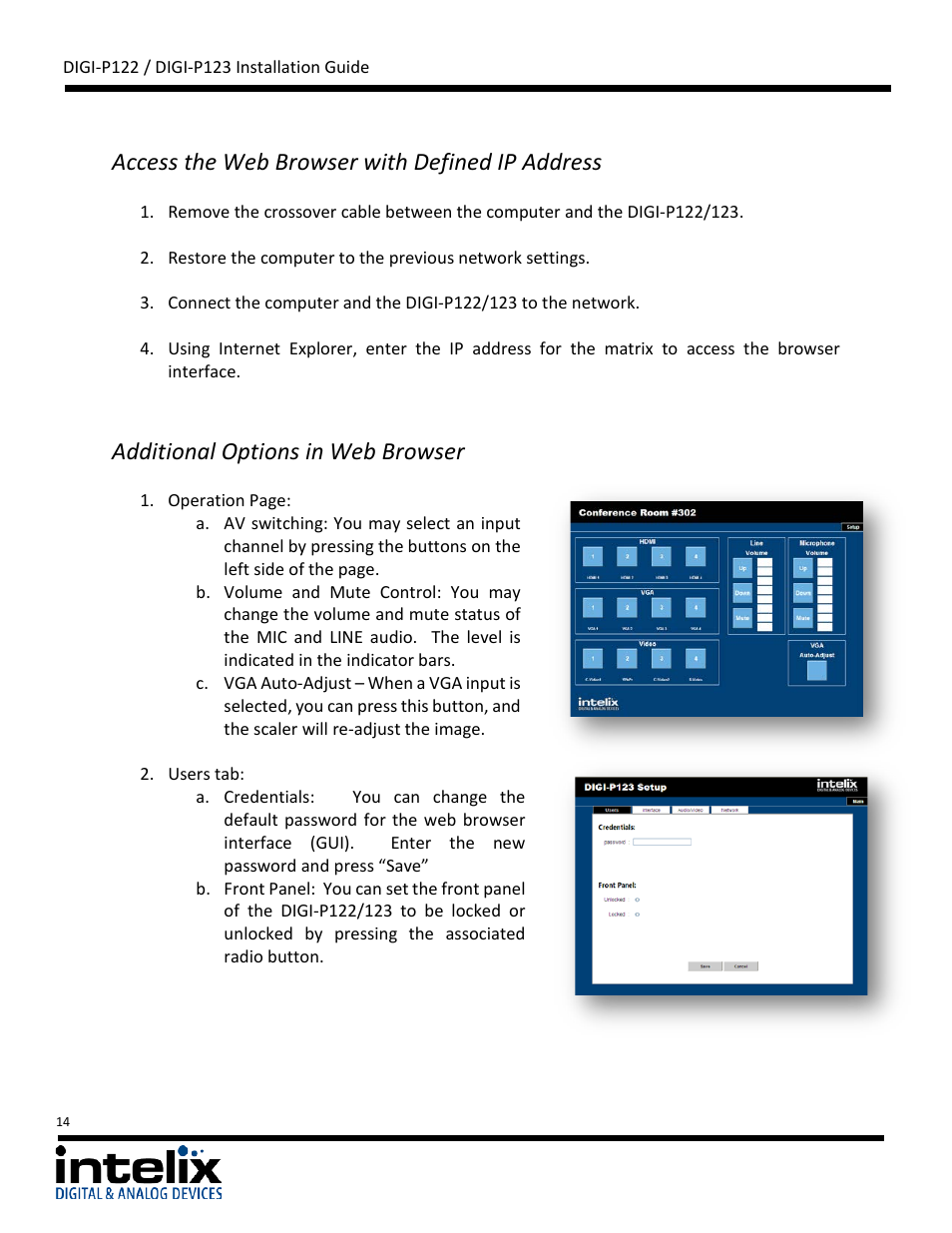 Access the web browser with defined ip address, Additional options in web browser | Intelix DIGI-P122 User Manual | Page 14 / 28