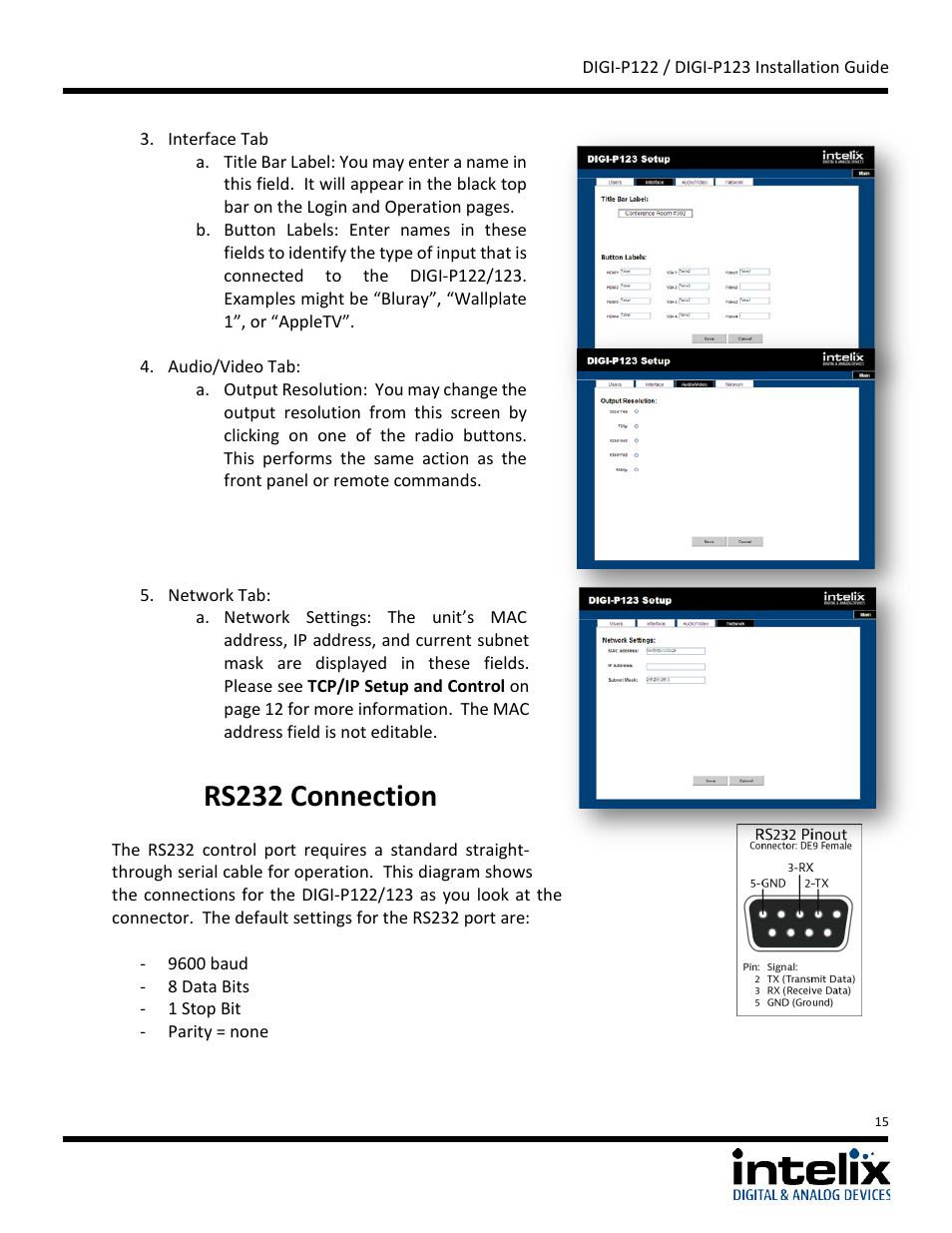 Rs232 connection | Intelix DIGI-P122 User Manual | Page 15 / 28