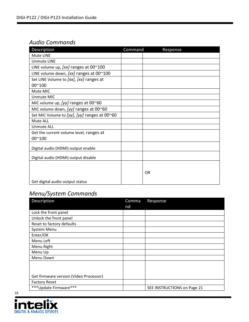 Audio commands, Menu/system commands | Intelix DIGI-P122 User Manual | Page 18 / 28