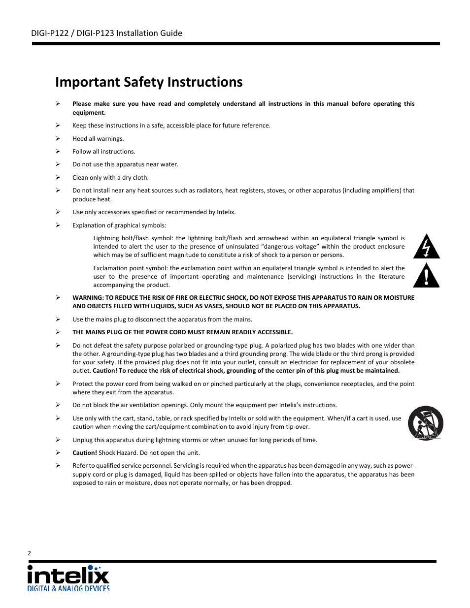 Important safety instructions | Intelix DIGI-P122 User Manual | Page 2 / 28