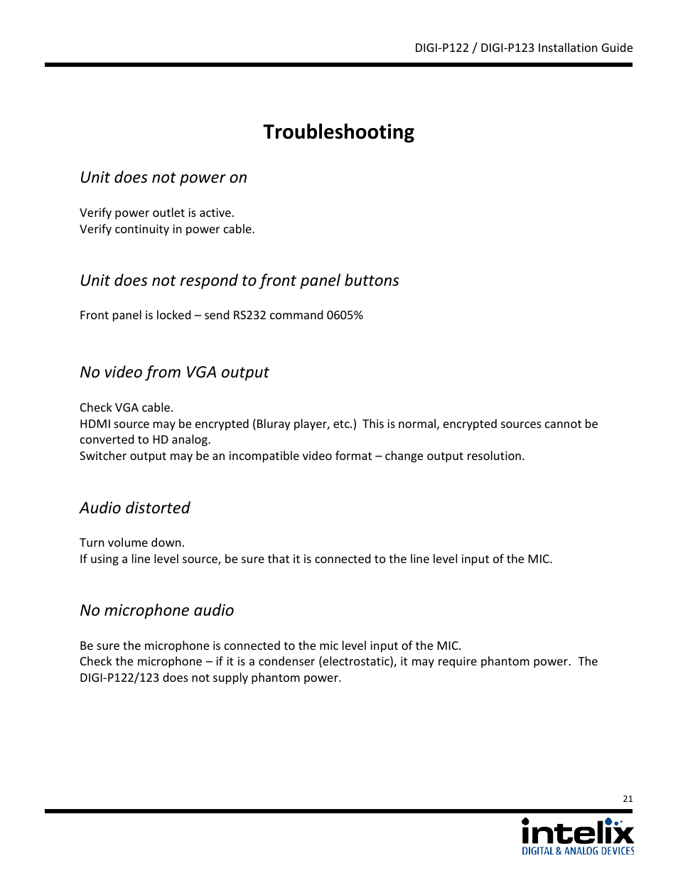 Troubleshooting, Unit does not respond to front panel buttons, No video from vga output | Audio distorted, No microphone audio, Unit does not power on | Intelix DIGI-P122 User Manual | Page 21 / 28