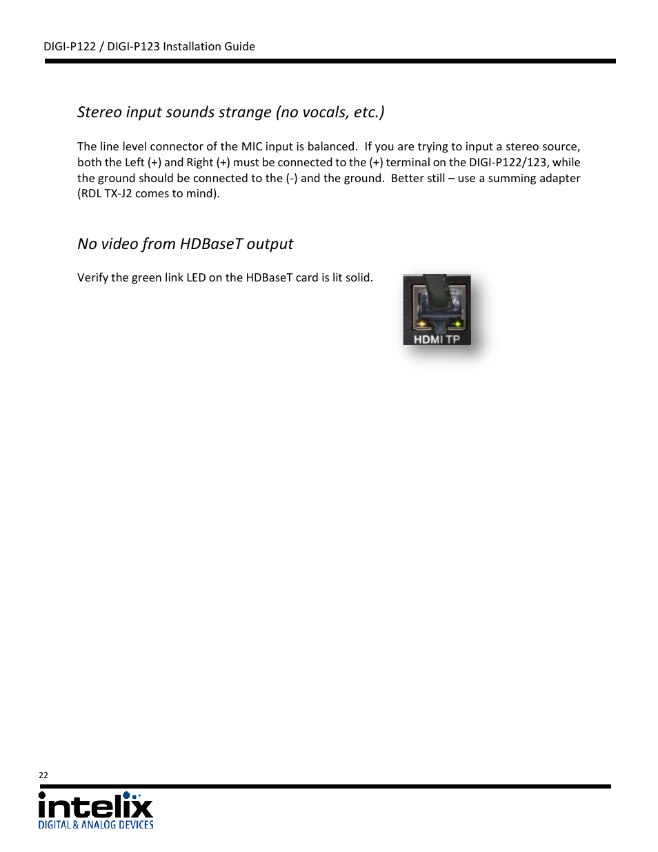 Stereo input sounds strange (no vocals, etc.), No video from hdbaset output | Intelix DIGI-P122 User Manual | Page 22 / 28