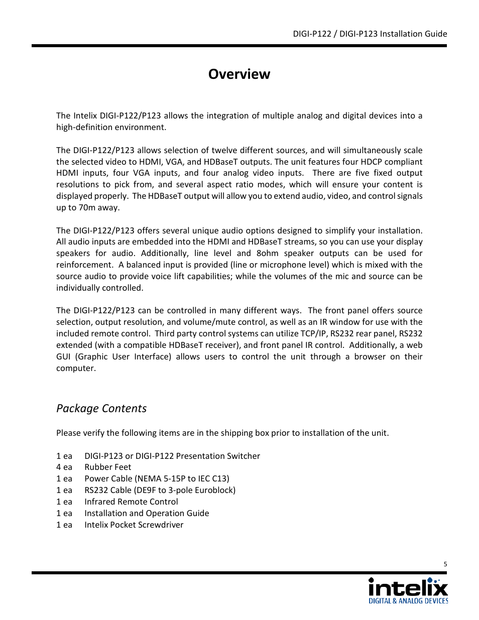 Overview, Package contents | Intelix DIGI-P122 User Manual | Page 5 / 28