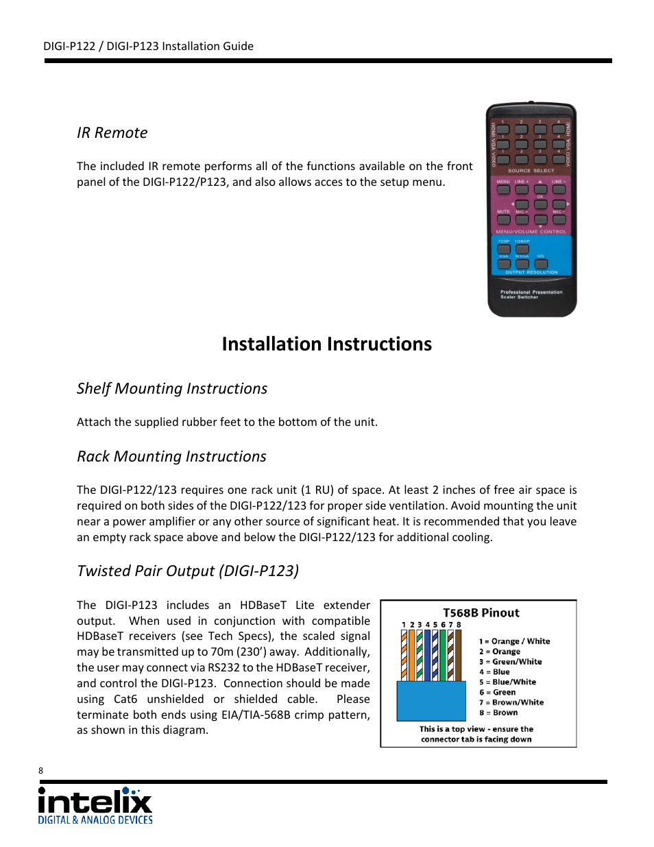 Ir remote, Installation instructions, Shelf mounting instructions | Rack mounting instructions, Twisted pair output (digi-p123) | Intelix DIGI-P122 User Manual | Page 8 / 28