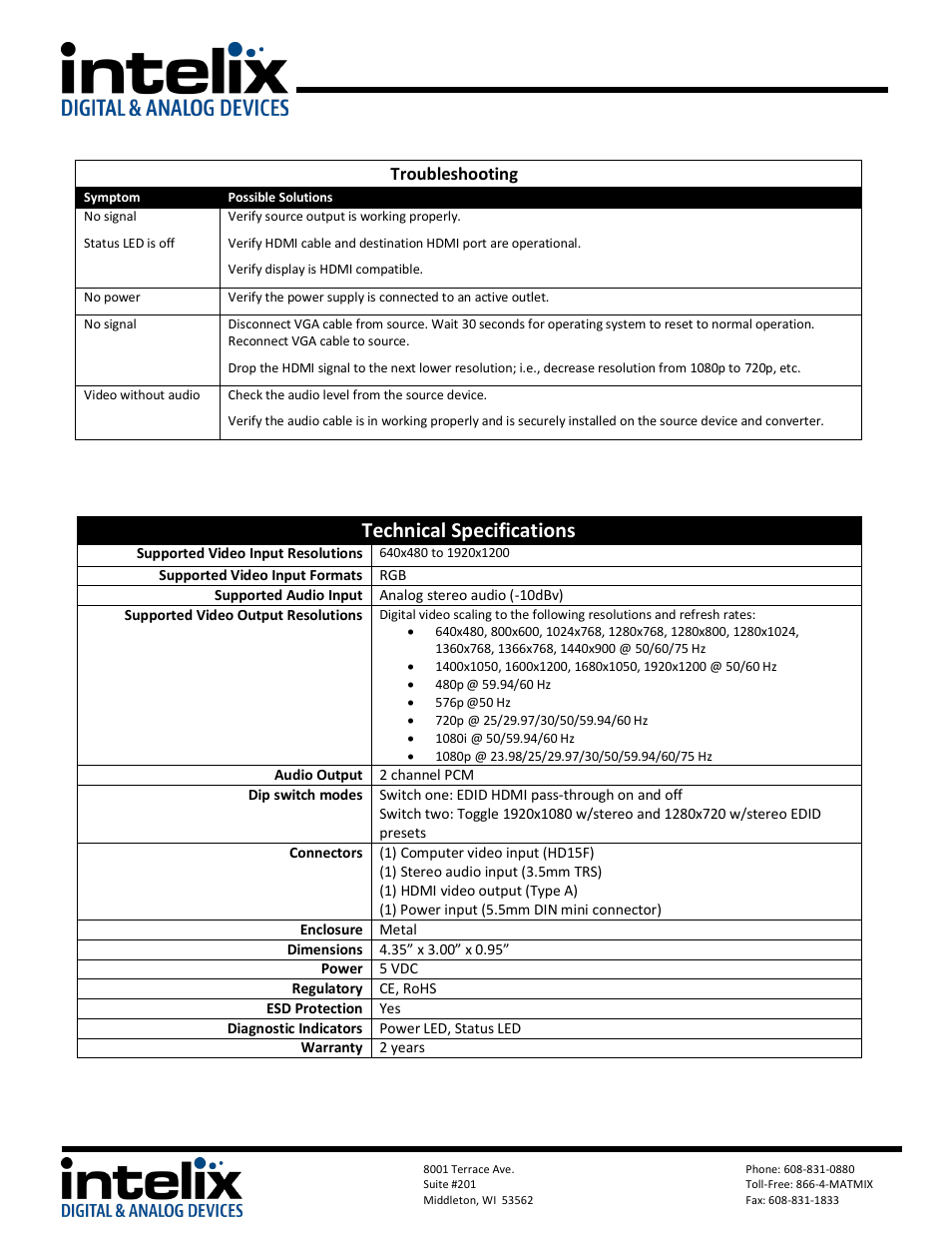 Technical specifications, Troubleshooting | Intelix VGA-HD User Manual | Page 2 / 2