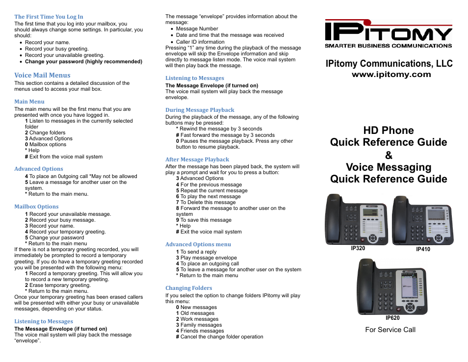 Voice messaging quick reference guide, Hd phone quick reference guide, Ipitomy communications, llc | IPitomy IP620 Quick User Guide User Manual | Page 2 / 2