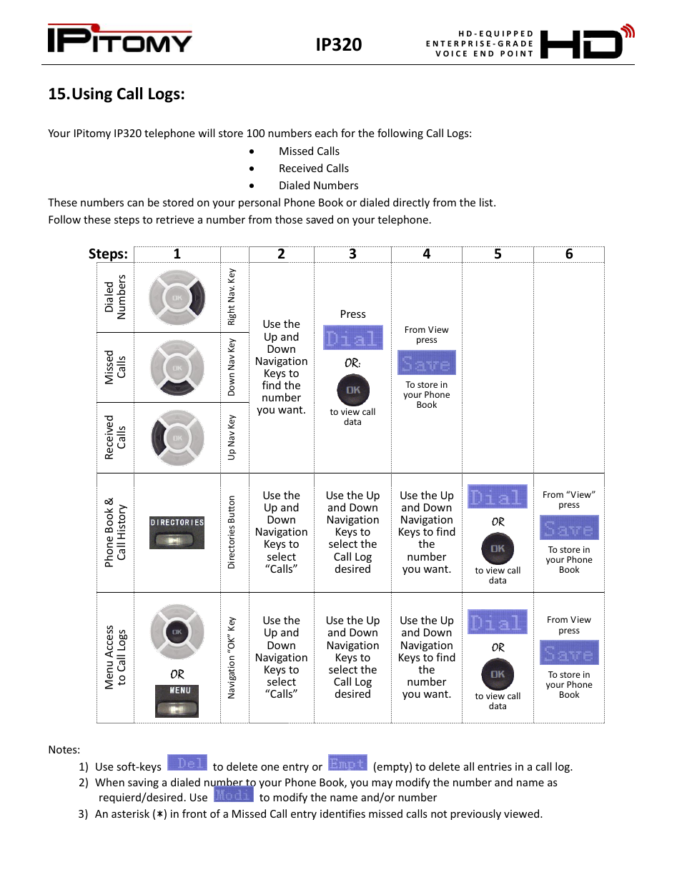 Using call logs, Ip320 | IPitomy IP320 User Manual User Manual | Page 13 / 33