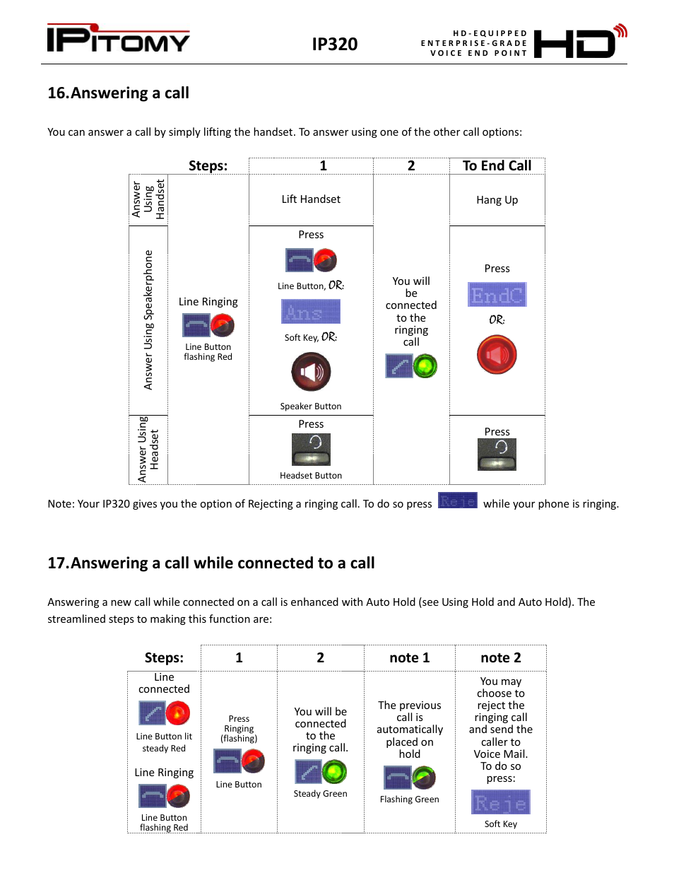 Answering a call, Answering a call while connected to a call, Ip320 | Steps, 12 to end call | IPitomy IP320 User Manual User Manual | Page 14 / 33
