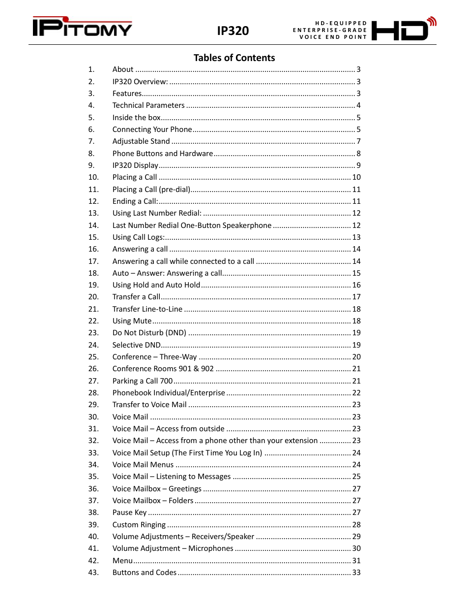 Ip320, Tables of contents | IPitomy IP320 User Manual User Manual | Page 2 / 33