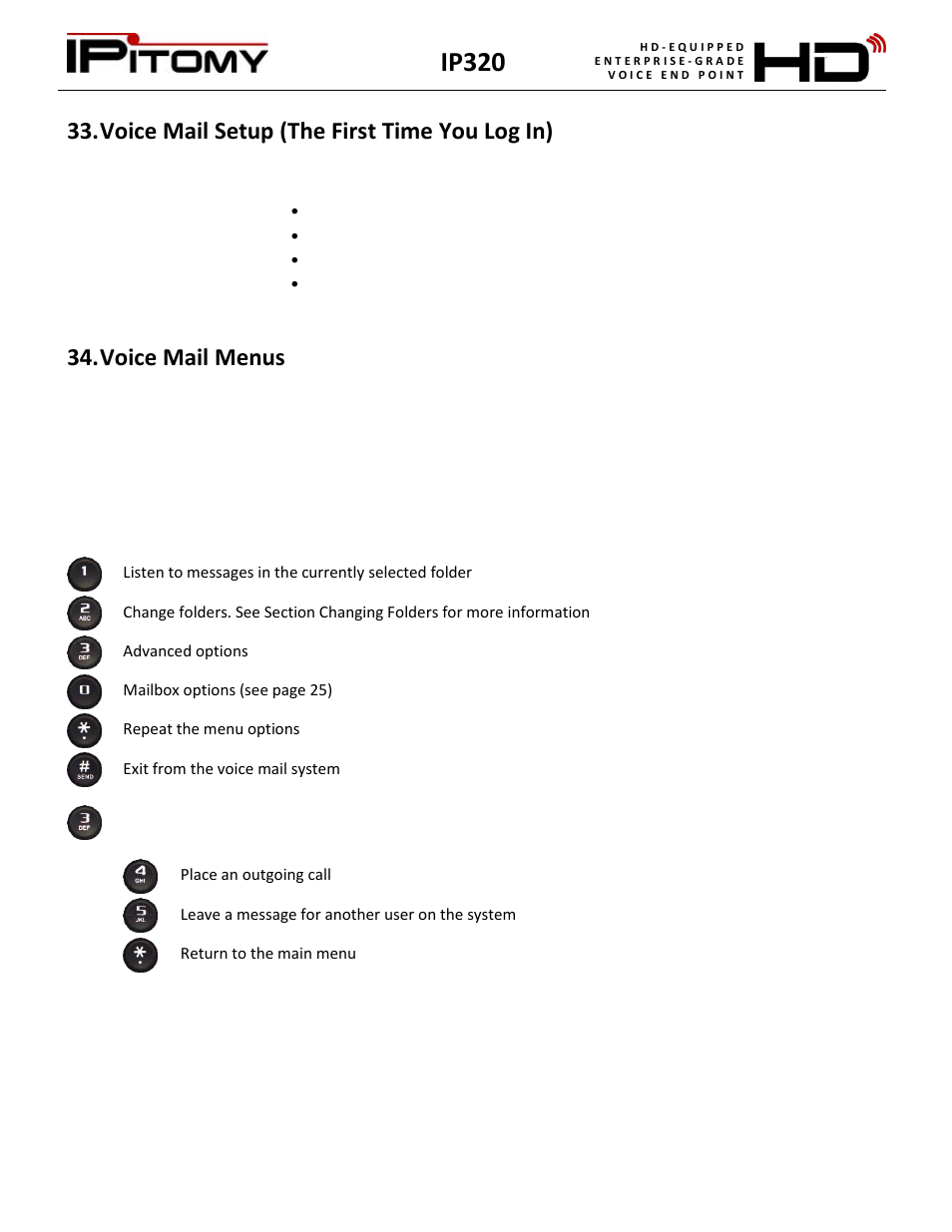 Voice mail setup (the first time you log in), Voice mail menus, Ip320 | Main menu, Advanced options | IPitomy IP320 User Manual User Manual | Page 24 / 33