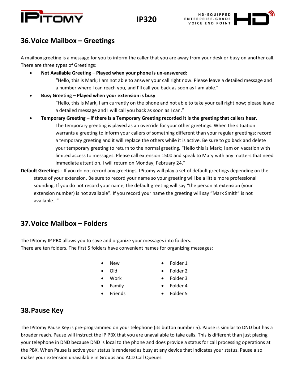 Voice mailbox – greetings, Voice mailbox – folders, Pause key | Ip320 | IPitomy IP320 User Manual User Manual | Page 27 / 33
