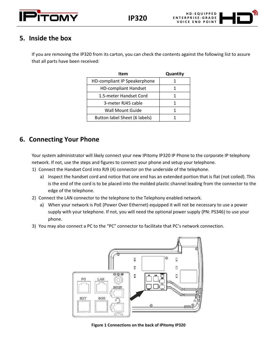 Inside the box, Connecting your phone, Ip320 | IPitomy IP320 User Manual User Manual | Page 5 / 33