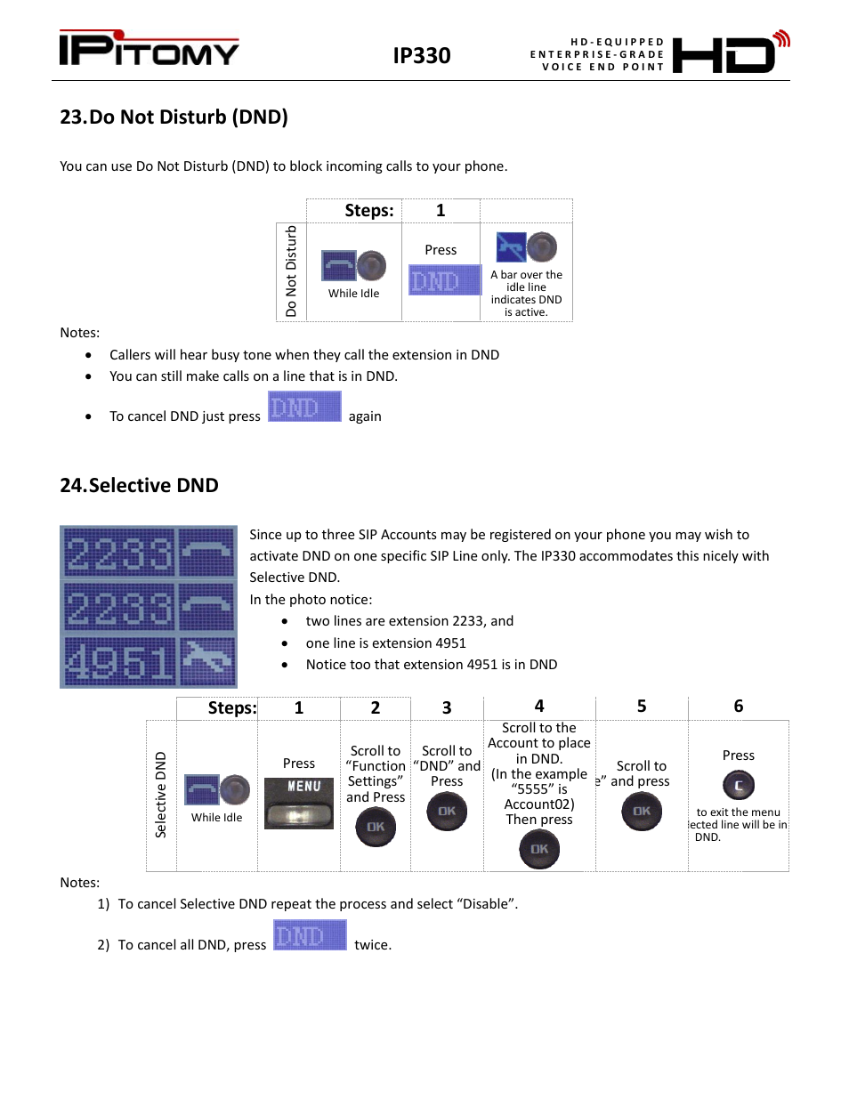 Do not disturb (dnd), Selective dnd, Ip330 | Steps: 1 | IPitomy IP330 User Manual User Manual | Page 19 / 33
