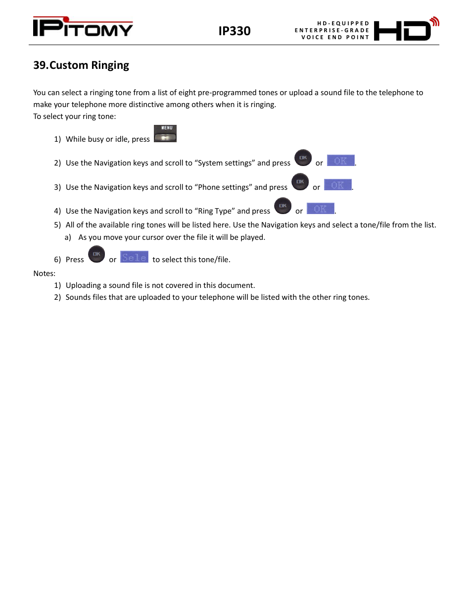 Custom ringing, Ip330 | IPitomy IP330 User Manual User Manual | Page 28 / 33