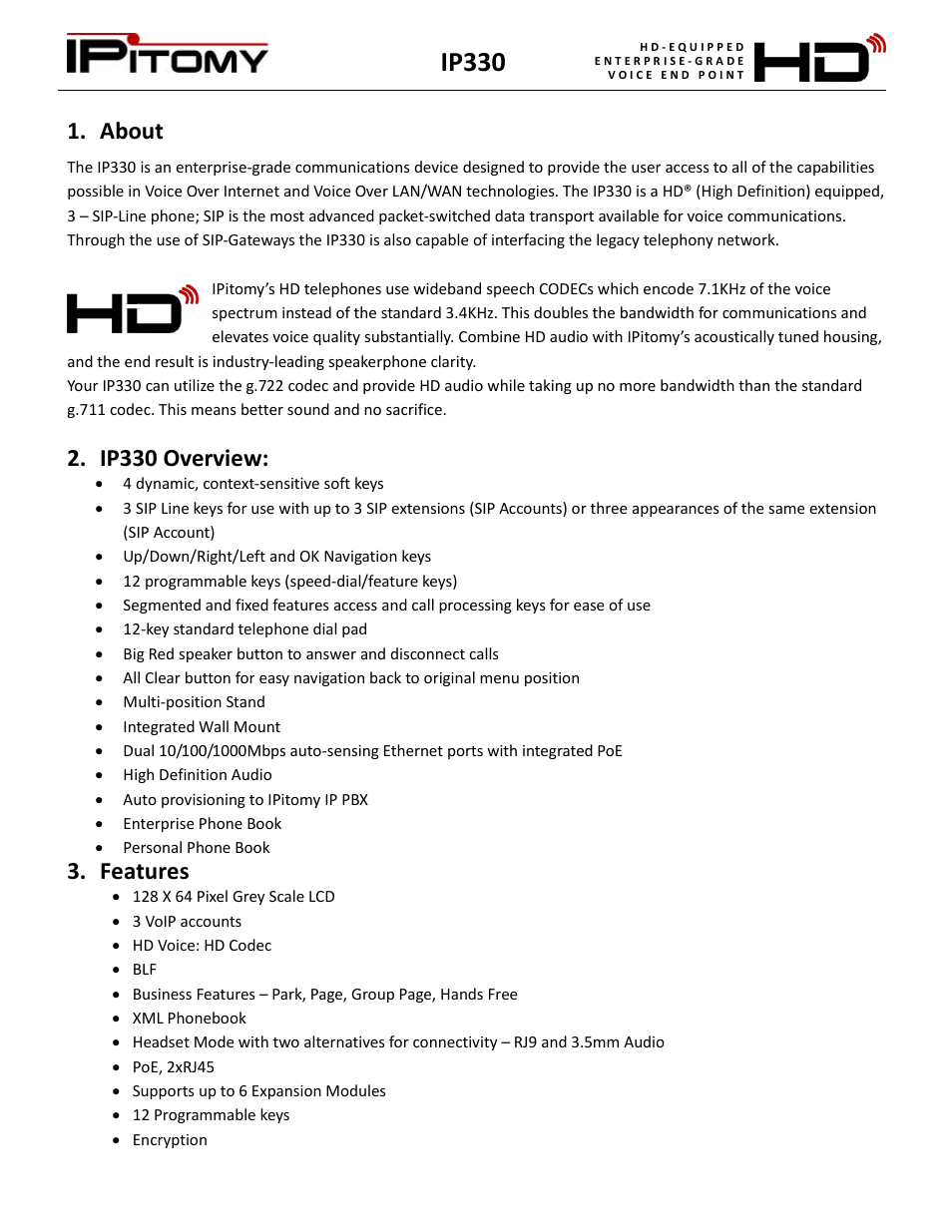About, Ip330 overview, Features | Ip330 | IPitomy IP330 User Manual User Manual | Page 3 / 33