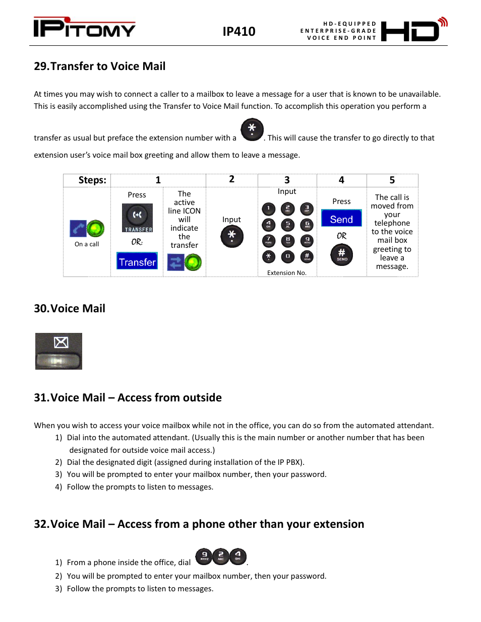 Transfer to voice mail, Voice mail, Voice mail – access from outside | Ip410 | IPitomy IP410 User Manual User Manual | Page 23 / 33