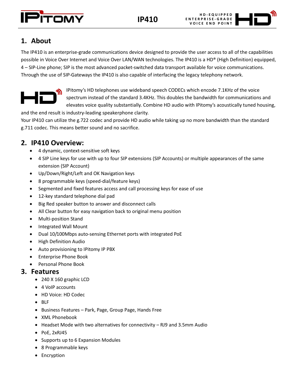 About, Ip410 overview, Features | Ip410 | IPitomy IP410 User Manual User Manual | Page 3 / 33