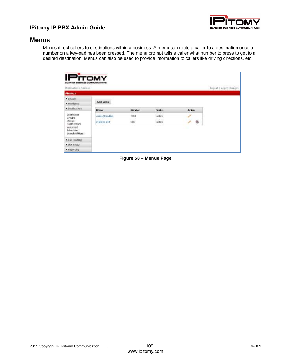 Menus | IPitomy IP1100+ PBX Administrator Guide User Manual | Page 127 / 259