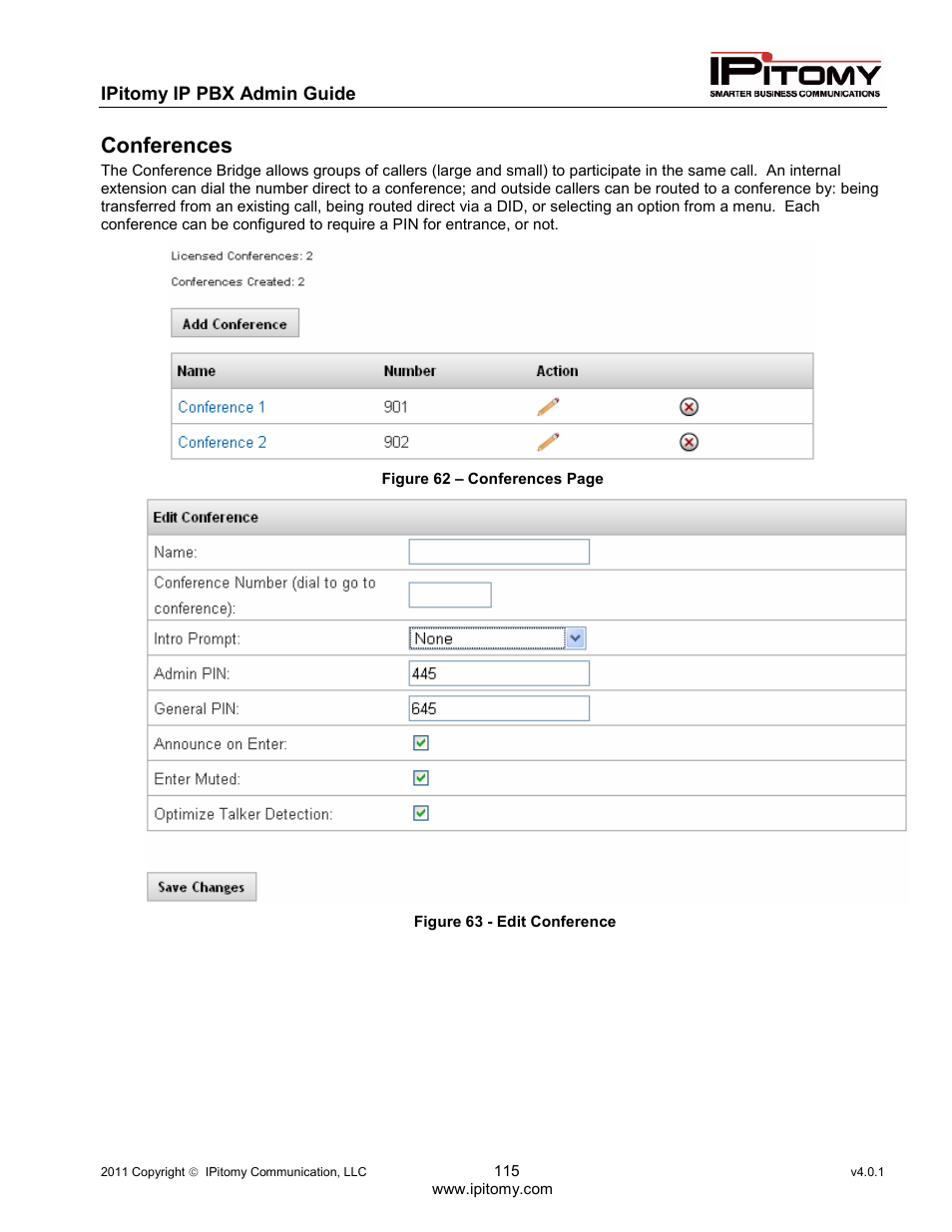 Conferences | IPitomy IP1100+ PBX Administrator Guide User Manual | Page 133 / 259