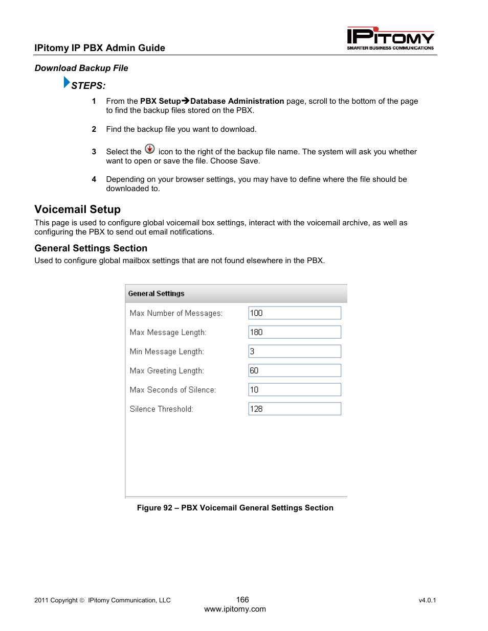 Voicemail setup | IPitomy IP1100+ PBX Administrator Guide User Manual | Page 184 / 259