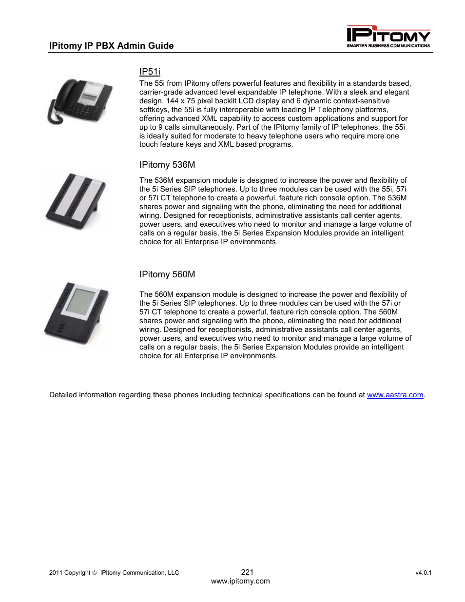 Ipitomy ip pbx admin guide, Ip51i, Ipitomy 536m | Ipitomy 560m | IPitomy IP1100+ PBX Administrator Guide User Manual | Page 239 / 259