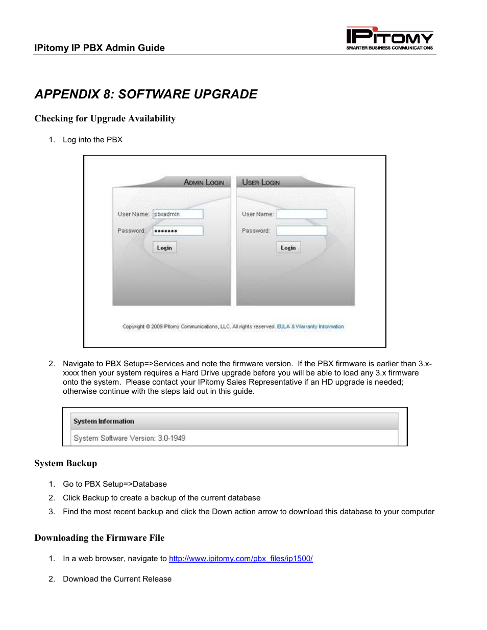 Appendix 8: software upgrade | IPitomy IP1100+ PBX Administrator Guide User Manual | Page 250 / 259