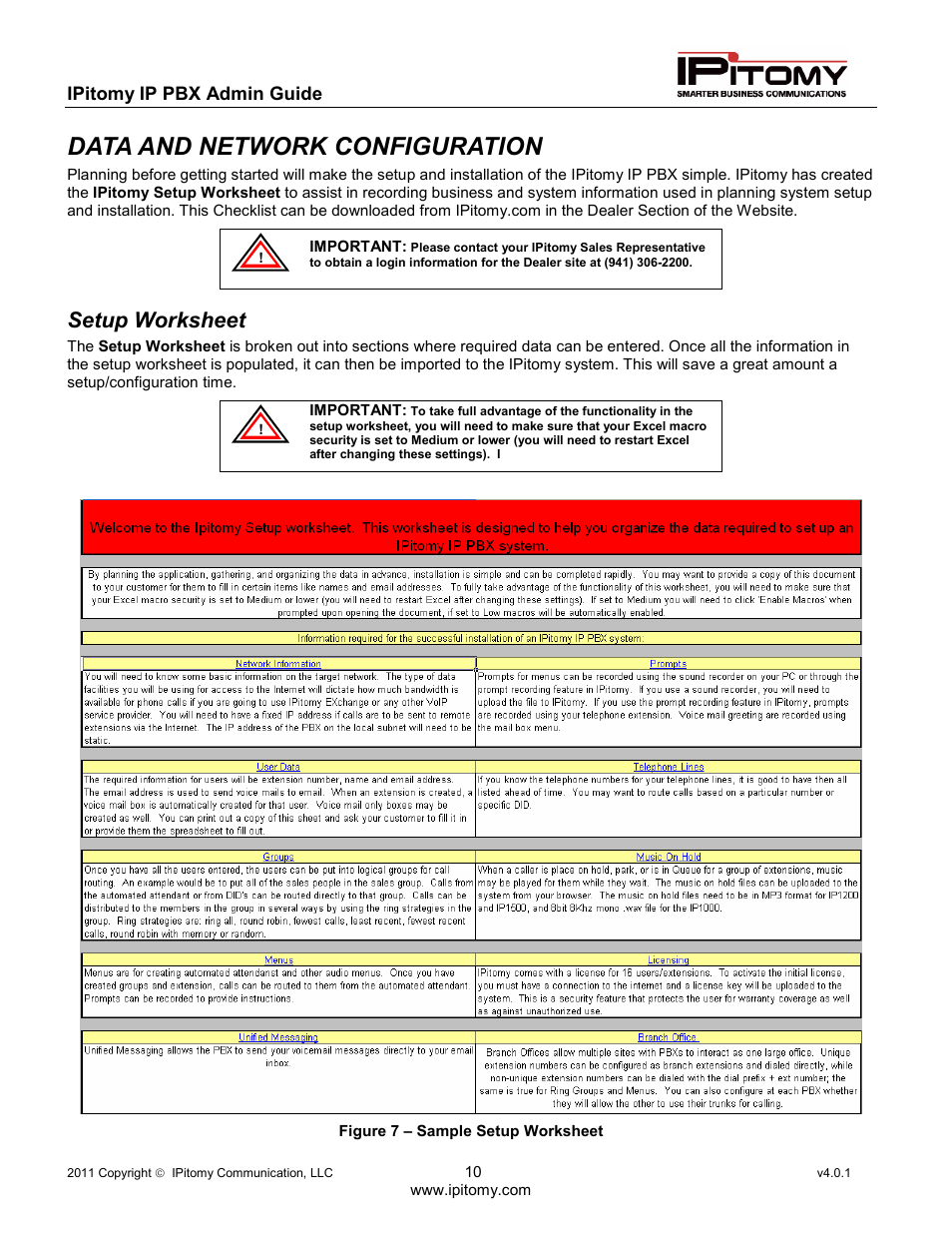 Data and network configuration, Setup worksheet | IPitomy IP1100+ PBX Administrator Guide User Manual | Page 28 / 259