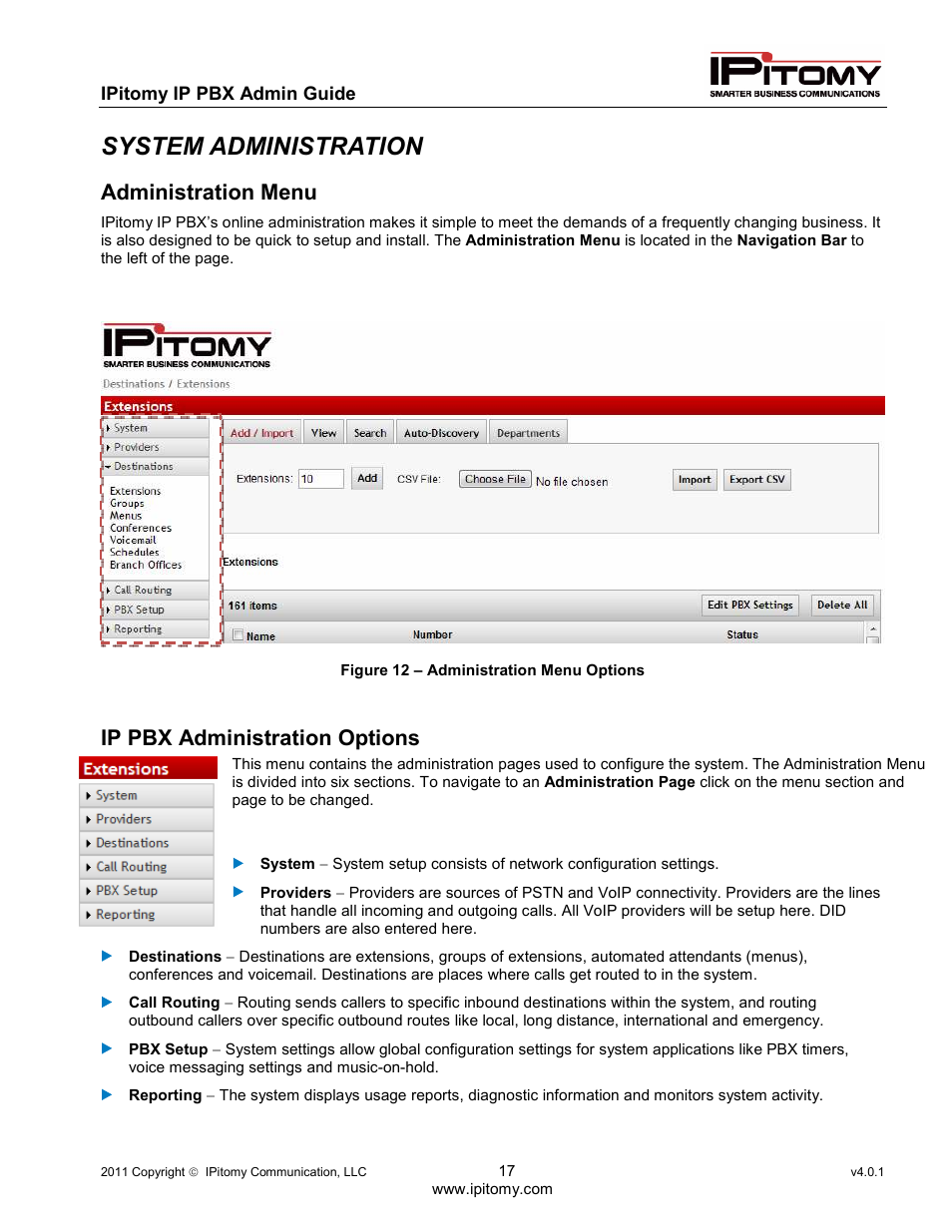 System administration, Administration menu, Ip pbx administration options | IPitomy IP1100+ PBX Administrator Guide User Manual | Page 35 / 259