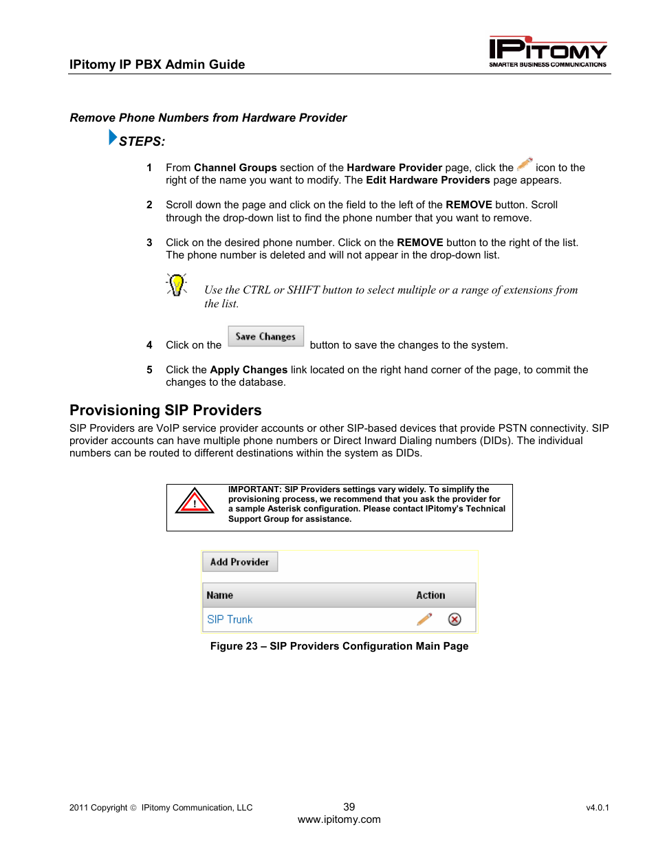 Provisioning sip providers | IPitomy IP1100+ PBX Administrator Guide User Manual | Page 57 / 259