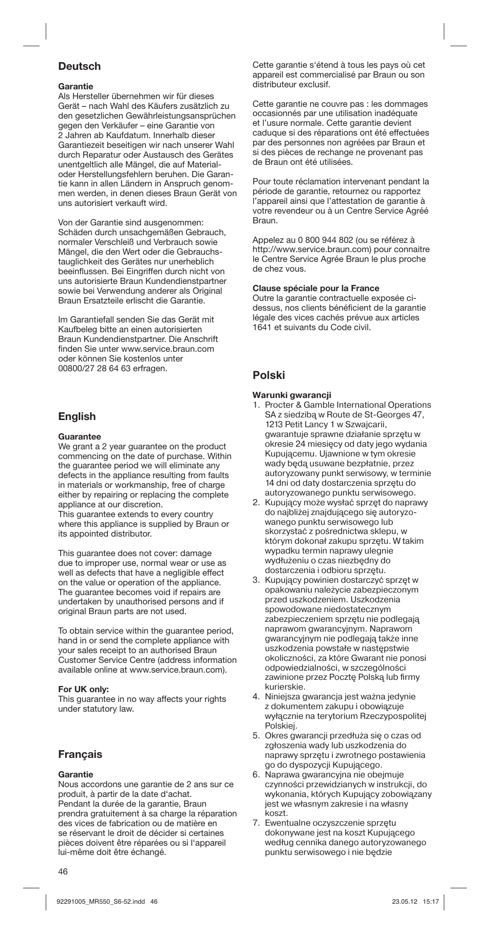 Deutsch, English, Français | Polski | Braun Multiquick 5 MR 550 Buffet User Manual | Page 46 / 50