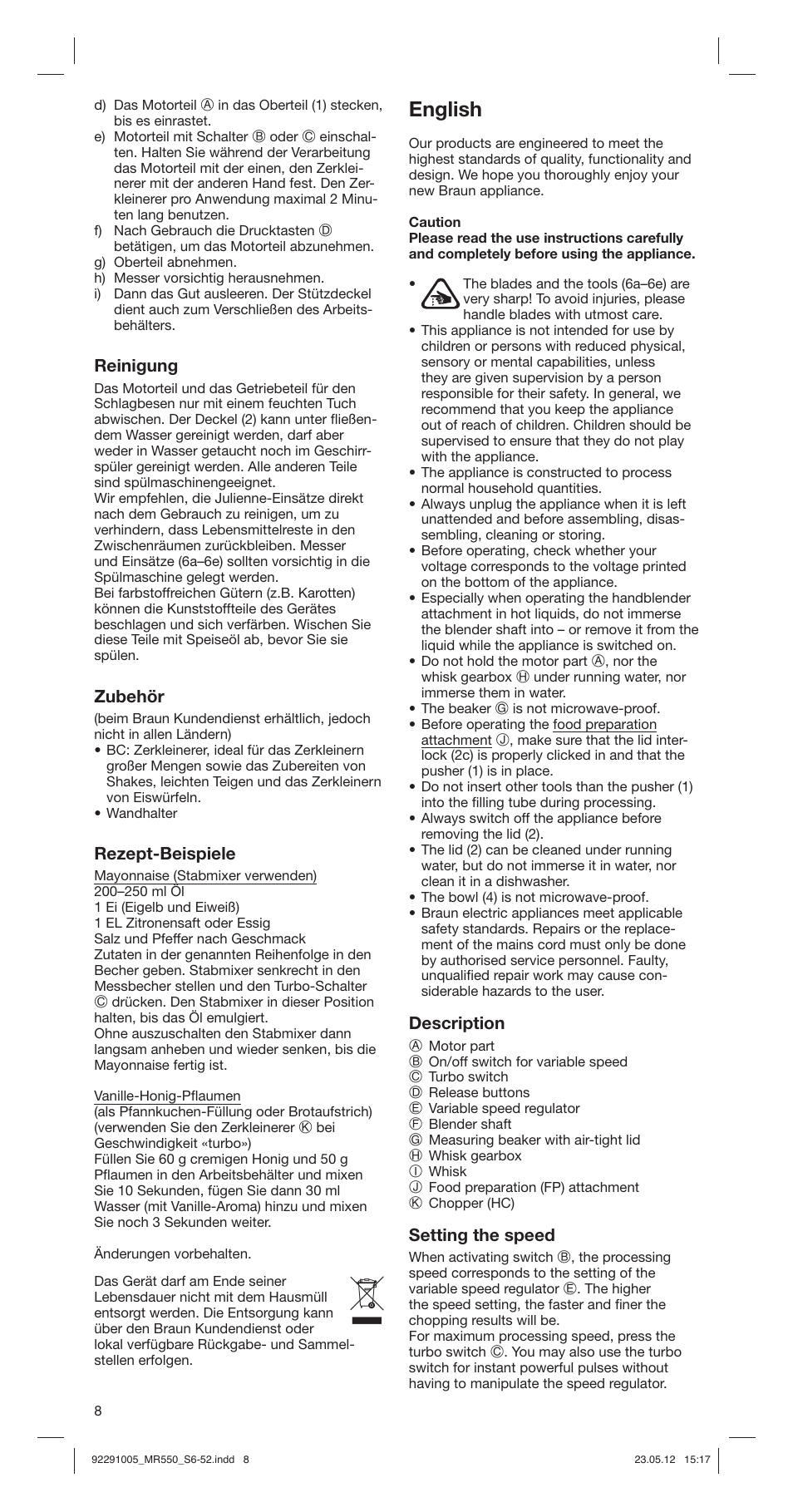 English, Reinigung, Zubehör | Rezept-beispiele, Description, Setting the speed | Braun Multiquick 5 MR 550 Buffet User Manual | Page 8 / 50